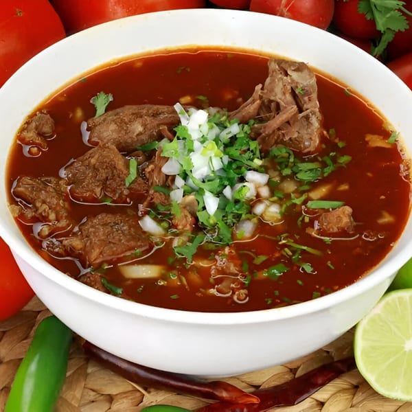 A white bowl of Pika Tortas Ahogadas' birria, a rich red stew with meat, onions, and cilantro.