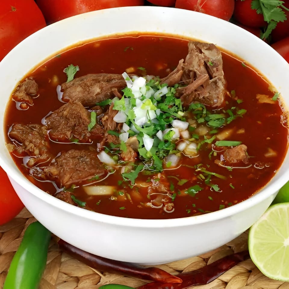 A white bowl of Pika Tortas Ahogadas' birria, a rich red stew with meat, onions, and cilantro.